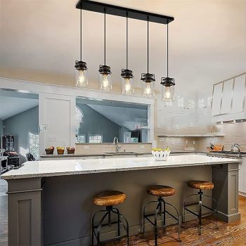 Pendant Lighting for Kitchen Island, 1/3/5-Light Dining Room Light Fixtures Hanging Linear Chandeliers, Farmhouse Chandeliers for Dining Room Pendant Light Fixtures Matte Black Finish with Glass Shades