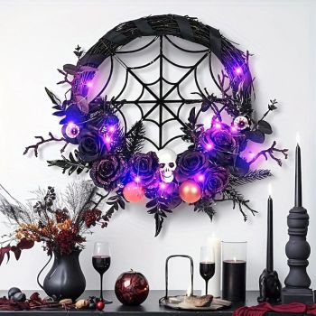 Halloween Wreath Hanging Decoration In Front Of The Door Ghost Festival Skeleton Pumpkin Maple Leaf Black Wreath With Lights