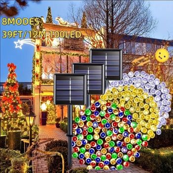 Solar Powered Colorful String Lights 39.37Ft/12M With 100 Leds 8 Lighting Modes Waterproof Outdoor Decor For Halloween Garden Parties Holidays Solar String Lights Outdoor Indoor Decoration 1/2PCS