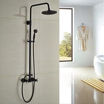 Shower Faucet,Copper Shower System Set Rainfall Antique Oil-rubbed Bronze Two Handles Three Holes Bath Shower Mixer Taps with Hot and Cold Switch and Ceramic Valve Foundation of a Perfect Shower