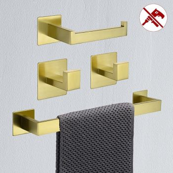Bathroom Hardware Accessory Set,Robe Hook, Self-Adhesive Brushed Golden Stainless Steel Towel Bar, Towel Holder, Toilet Paper Holde