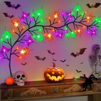LED Halloween Decorative Branch Lights with Bat Pumpkin Vine Design Battery Operated Festival Atmosphere Lighting for Bar, Party, Indoor & Outdoor Decor
