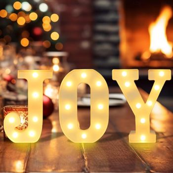 Christmas Decorations Indoor Home Decor - 3 LED 8.5 Inches Marquee Light Up Joy Letters Lights Sign Battery Operated Christmas Signs for Mantel Home Bar Party Bedroom Wall Fireplace Xmas Decor