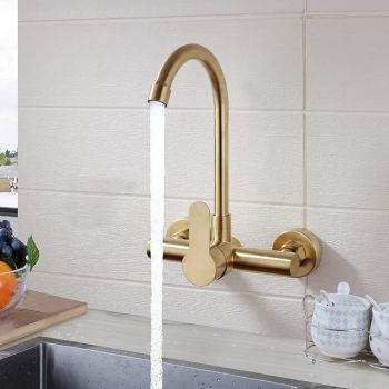 Kitchen faucet - Single Handle Two Holes Brushed Gold Tall /High Arc Wall Mounted Contemporary Kitchen Taps Foldable Faucet
