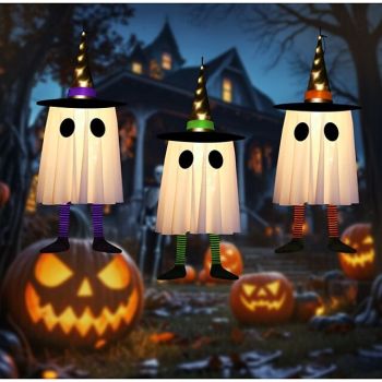 3 Pcs 60cm Halloween Outdoor Lights Hanging Luminous Witch Hat Long Legs Outdoor Indoor Halloween Party Party Hanging Tree Roof Wall Festive Atmosphere Decorative Light Three Button Batteries