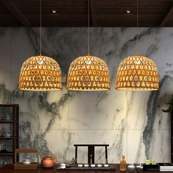 Dome Pendant Light Natural Hemp Rattan Chandelier Light Fixture Lighting Modern Weave Wicker Hanging Lamp for Hallway Dining Room Open Weave Cane Rib Bell Hanging Lamp