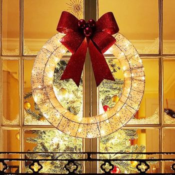 Christmas Front Door Hanging Garland With LED Light Red Bow Artificial Wreath, Xmas Decor