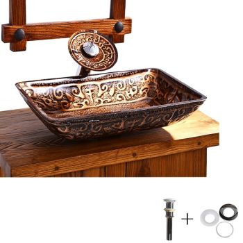 Bathroom Sink Faucet Suit Contain with Zinc Alloy Bathroom Mounting Ring Antique Tempered Glass Rectangular Vessel Sink and Brass Water Drain Washbasin Art