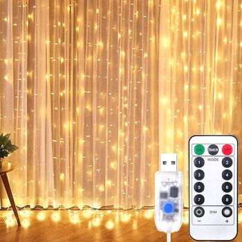 Window Curtain String Lights 300LEDs Twinkle Star 3m x 3m Hanging Fairy Lights Wedding Decoration 8 Lighting Modes for Bedroom Wedding Party Home Garden Wall Decorations USB Powered with IR Remote
