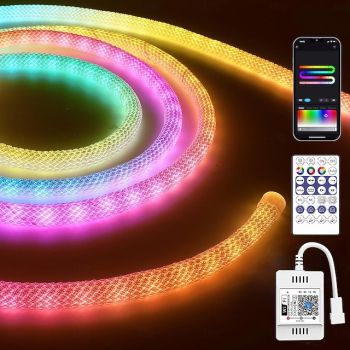 Waterproof WS2811 RGBIC Woven Silicone Neon Light with Addressable Dreamy Color LED Strip 2.5M-10M 360 Degree Lighting WIFI APP Control Bedroom Indoor and Outdoor Decoration Including DC12V Adapter Kit