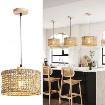 Country Artistic Pendant Light, Rattan Wood Material, 16cm Height, Warm White/White Light, E26 E27, Adjustable Chain