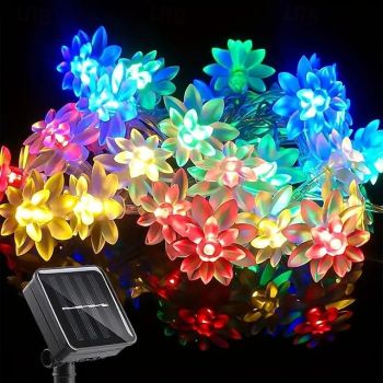 Solar Lotus Flower String Lights – 20/30/50 LED Double Layer Petal Lights, 8 Modes, Waterproof Decorative Lights for Outdoor Garden, Yard, Christmas Tree & Party Colorful/Warm White