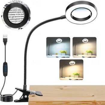 Magnifying Mirror Table Lamp with Adjustable Gooseneck – LED Clip Lamp with 3 Color Dimming, Night Light for Nail Repair & Reading 1PC