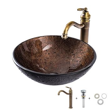 16.5 inch Bathroom Vessel Sink with Faucet Vintage Brass, Antique Tempered Glass Basin with Pop-Up Drain, Countertop Artistic Round Basin Bowl Set, Above Counter Vanity Sink Washbasin Art