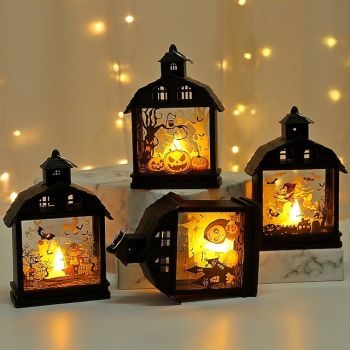 1 Pc 14.5 * 9.9CM Halloween LED Electronic Candle Light Wind Lantern Pumpkin Witch Skull Scarecrow Indoor and Outdoor Restaurant Bedroom Halloween Festival Atmosphere Decorative Light AG13 * 3 Battery