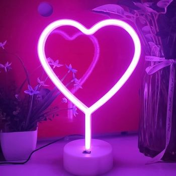 LED Heart Neon Sign Night Light, Pink Heart Shape Decor with Holder Base, Perfect for Christmas, Birthday, Kids Room, Living Room, Wedding, & Party Decor