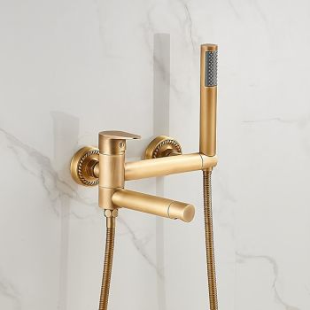 Vintage Bathtub Faucet Dual Spout Wall Mounted Golden, Bath Tub Filler Mixer Brass Tap with Heldhand Showerhand, Ceramic Valve Single Handle Control Durable Bathtub Faucet