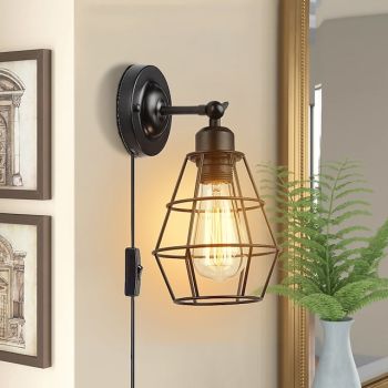 LED Wall Lamp Plug-in Wire Cage Wall Lamp Industrial Wall Lamp with Plug Cord Rustic Wall Lamp On/Off Switch Retro Wall Lamp for Headboard Bedroom