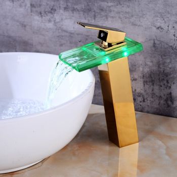Temperature control LED Bathroom Sink Faucet,Tall Body Golden Basin Tap Single Handle One Hole Bath TapSmart Faucet