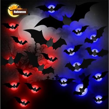 Halloween 12/24pcs LED Light Bats Wall Decor, 3D Bat Halloween Decorations Indoor Bat Stickers, Waterproof Black Spooky DIY Bats for Home Decor Indoor Outdoor Party Decoration