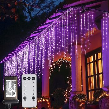 Outdoor Christmas Icicle Window Curtain Lights 6x1M-300LED Plug in 9 Colors Remote Control Window Wall Hanging Light Warm White RGB for Bedroom Party Garden Christmas Decorations 31V EU/US/AU/UK Plug