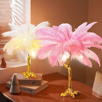 LED Feather Table Lamp Ostrich Feather Beside Lamp 60cm Pink White Blue Wedding Christmas Decorative Lights Birthday