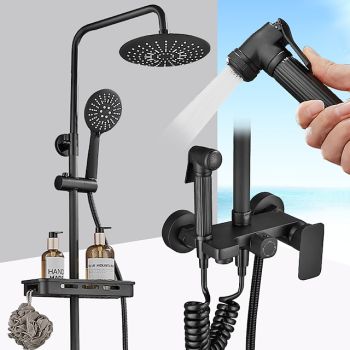 Shower System Faucet Combo Set with 8" Rain Showerhead, Multi-Function Hand Shower, Adjustable Slide Bar and Soap Dish Wall Mounted Ceramic Valve Bath Shower Mixer Taps Foundation of a Perfect Shower