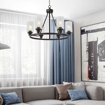 Farmhouse Chandelier 6 Light 25" Black Truck Wheel Pendant Light Round Kitchen Island Lamp for Dining Room Kitchen Bedroom Living Room Foyer Hallway 110-240V