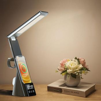 LED Desk Lamp with Wireless Charger 3 in 1 Fast Charging Station Touch Control Desk Lamp with Clock Alarm 3 Lighting Modes & Stepless Brightness Home Office Eye-Caring Table Lamps