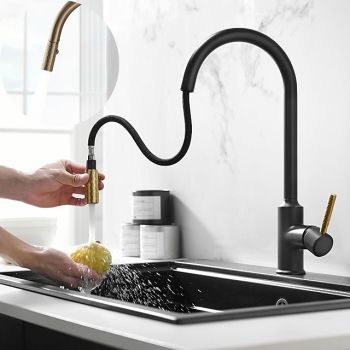 Kitchen Sink Mixer Faucet Pull Out, 360 swivel Single Lever Handle Brushed Solid Brass Taps Cold Hot Hose, One Hole with Pull Down Sprayer Black Gold Faucets Pull Down Kitchen Faucets