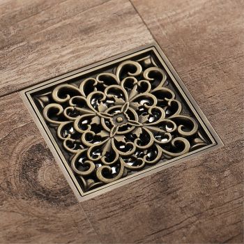 4 inch Shower Floor Drain Square, Removable Brass Insert Grate, Hair Catcher Strainer Black Chrome Golden Bathroom Accessories