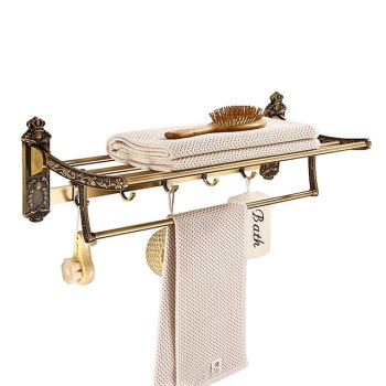 Multifunction Carved Towel Bar Antique Aluminum Bathroom Shelf with 5 Hooks Wall Mounted 1pc Bath Hardware