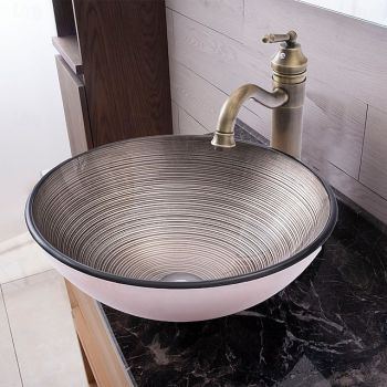 Vessle Sink Circular Stripe Design Basin Modern Tempered Glass Vessel Sink for Bathroom Bathroom Sink Set with Vintage Faucet Washbasin Art
