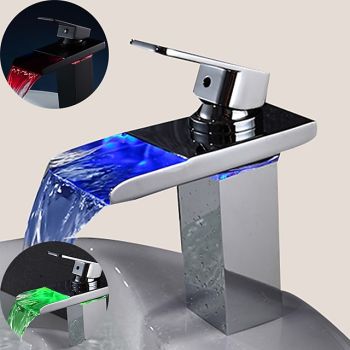 Bathroom Sink Faucet with Supply Hose,LED Waterfall Spout Single Handle Single Hole Vessel Lavatory Faucet,Slanted Body Basin Mixer TapSmart Faucet