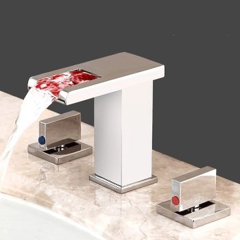 Waterfall Bathroom Sink Mixer Faucet LED Light Deck Mounted Brass, Widespread 2 Handle 3 Hole Washroom Basin Vessel Taps with Hot and Cold Water HoseSmart Faucet