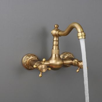 Traditional Kitchen Sink Mixer Taps Wall Mounted Brass, Vintage Retro Kitchen Faucet Twin Lever Standard Spout Vessel Tap Foldable Faucet