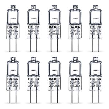 BAJCR G4 Halogen Bulb 20W, 10 Pack Dimmable G4 Light Bulb for Under Cabinet Puck Light, Chandeliers, Track Lighting, AC/DC 12 Volt, T3 JC Type Bi-Pin G4 Base, Warm White 2800K
