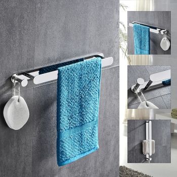 Multifunctional Towel Bar with Hook Stainless Steel Electroplated and Polished Finished Bathroom Shelf Self-adhesive Silvery 1pc