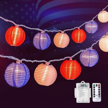 1 Pc 3M-20 LED Patriotic Laterns String Lights July 4th Independence Day Red, White, Blue Lantern Indoor and Outdoor Party Patriotic Atmosphere Waterproof Battery Box Remote Control
