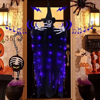 1 Pc 120cM Halloween Suspended Luminous Skull Decorative Light, Human Sensing, Five Horror Sound Effects, Indoor and Outdoor Party Atmosphere Decorative Light, AA Battery Box, 40 Purple LED Beads