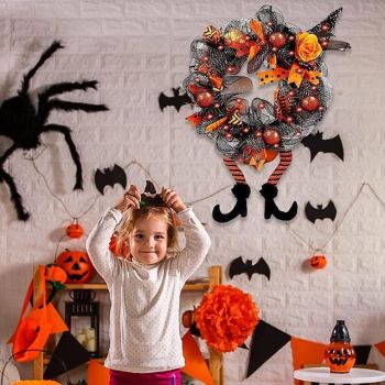 1 Pc 41CM Halloween Clown Glowing Flower Wreath Display Window Wall Door Sect Decoration Light for Festival Atmosphere Purple Orange Lights