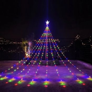 LED Christmas Tree Light Pentagram Waterfall Solar Lights 198 LEDs Waterproof Outdoor Garden Decoration Christmas Lights EU Plug