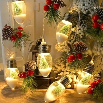 Christmas Light Bulb Fairy String Lights Snowflake Christmas Tree Light Bulb String Lights 1.5m 10 LEDs Battery Powered Christmas Party Window Balcony Porch Pendant Garland Lights