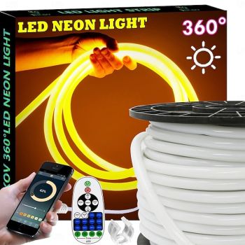 360 Neon LED Strip Light with Bluetooth APP Music Sync Timing 10-132 Feet Flexible/Waterproof/LED Rope Light 23key Remote Control Suitable for Home/Garden/Building Decoration DIY Decoration AC220V