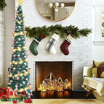 Christmas Santa Claus Pagoda Foldable Christmas Tree 5M 50Leds Warm Light String Indoor Living Room Staircase Study Apartment Holiday Decoration Prop 1.5M/5FT AAA Battery Box