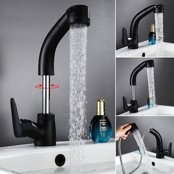 Matte Black Bathroom Basin Faucet Pull Out Spout Rotatable Liftable Body Deck Mounted Hot and Cold Water Mixer Tapultimate flexibility