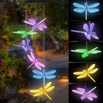 Solar Wind Chimes Lights Waterproof Green Dragonfly Shape Color Changing Lights Romantic Wind Bell Light LED Solar Mobile Hanging Decor For Garden Patio