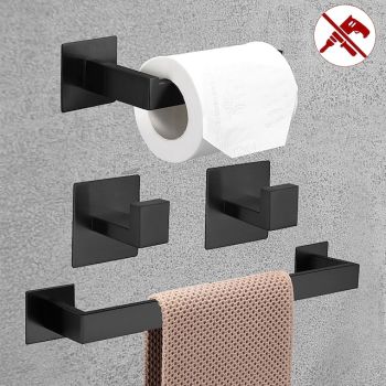 Bathroom Accessory Toilet Paper Holder / Robe Hook and Single Towel Rod New Design Self-adhesive Stainless Steel Wall Mounted Matte BlackBath Hardware