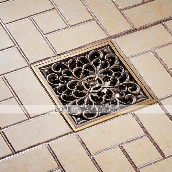 10cm Brass Bathroom Floor Drain, Art Carved Flower Pattern Square Shower Sink Drain Strainer Cover Grate Drain with Removable Cover for Hotel Home Bathroom Accessories