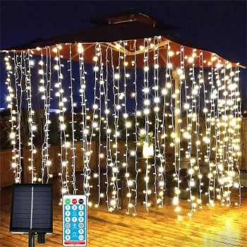 Elegant Wedding Reception Party Outdoor Solar LED String Lights, USB Charging Curtain Fairy Lights 3*3m, Christmas Icicle String Lights Waterfall Lamp Wedding Room Garland Garden Outdoor Decor